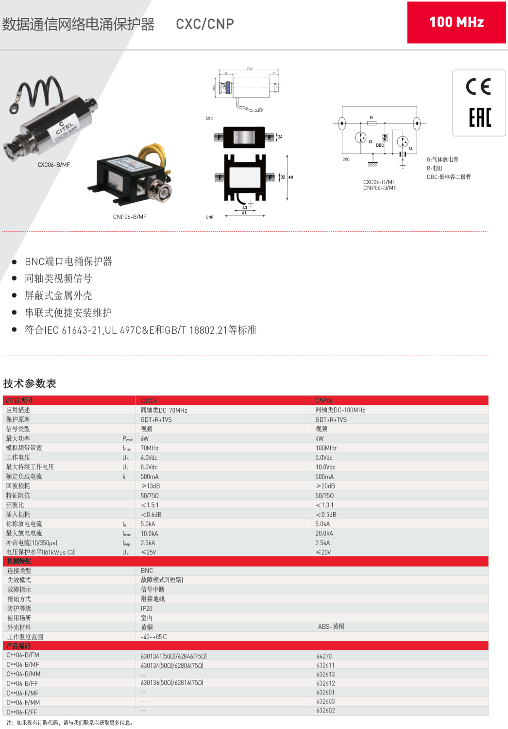 CXC06-B/MF CITEL西岱爾視頻信號防雷器：專業(yè)級電