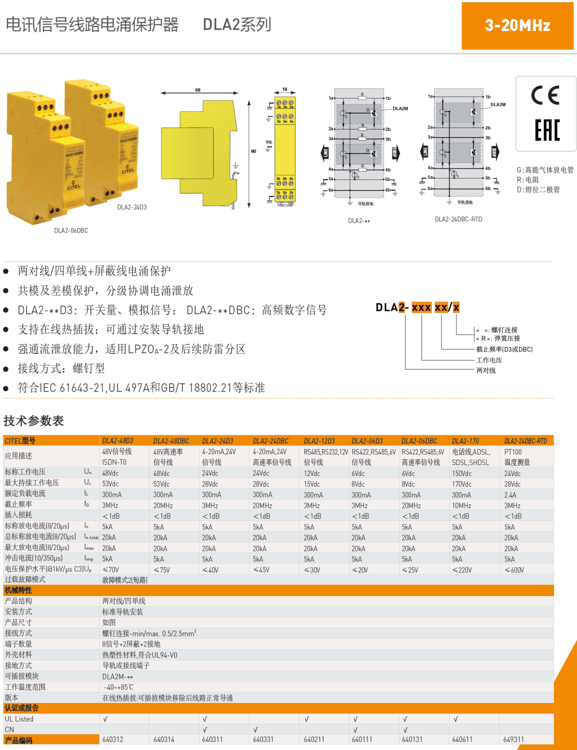 DLA2-48DBC CITEL西岱爾電訊信號線路電涌保護器：
