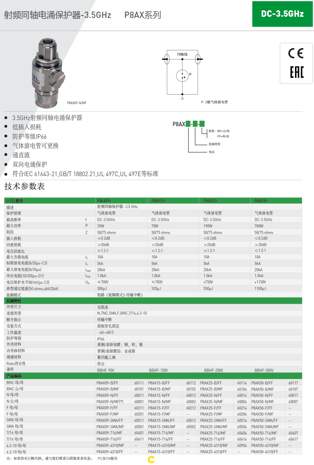 P8AX09-N/MF CITEL西岱爾射頻同軸電涌保護(hù)器：3.5