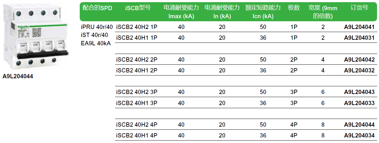 iSCB2 40H2 1P（A9L204041），iSCB2 40H1 1P（A9L204031），iSCB2 40H2 2P（A9L204042），iSCB2 40H1 2P（A9L204032），iSCB2 40H2 3P（A9L204043），iSCB2 40H1 3P（A9L204033），iSCB2 40H2 4P（A9L204044），iSCB2 40H1 4P（A9L204034）