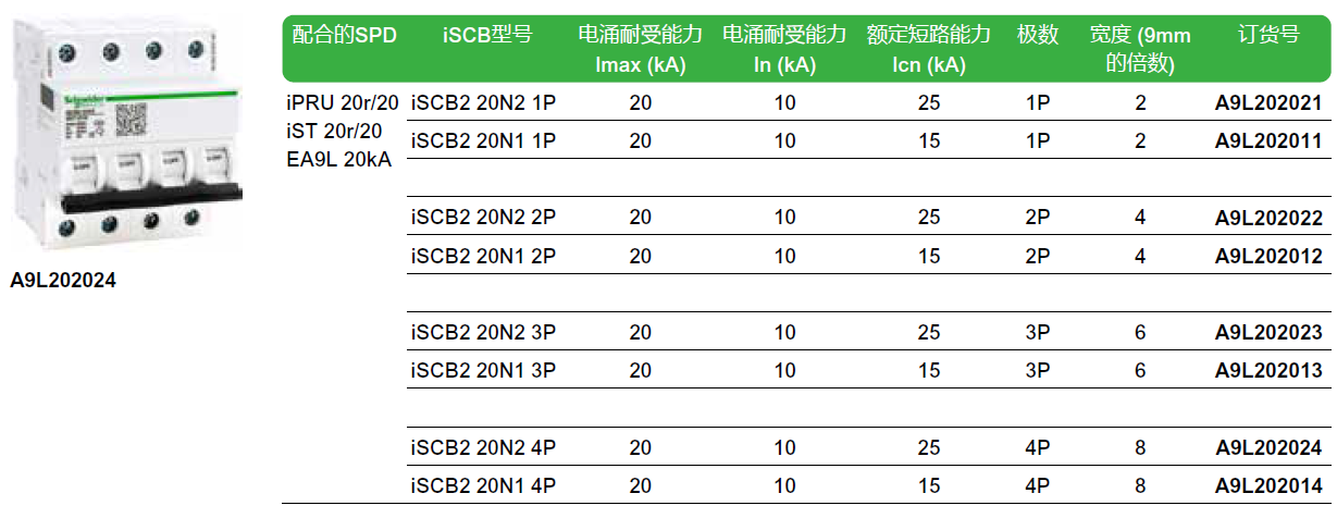 iSCB2 20N2 1P（A9L202021），iSCB2 20N1 1P（A9L202011），iSCB2 20N2 2P（A9L202022），iSCB2 20N1 2P（A9L202012），iSCB2 20N2 3P（A9L202023），iSCB2 20N1 3P（A9L202013），iSCB2 20N2 4P（A9L202024），iSCB2 20N1 4P（A9L202014）