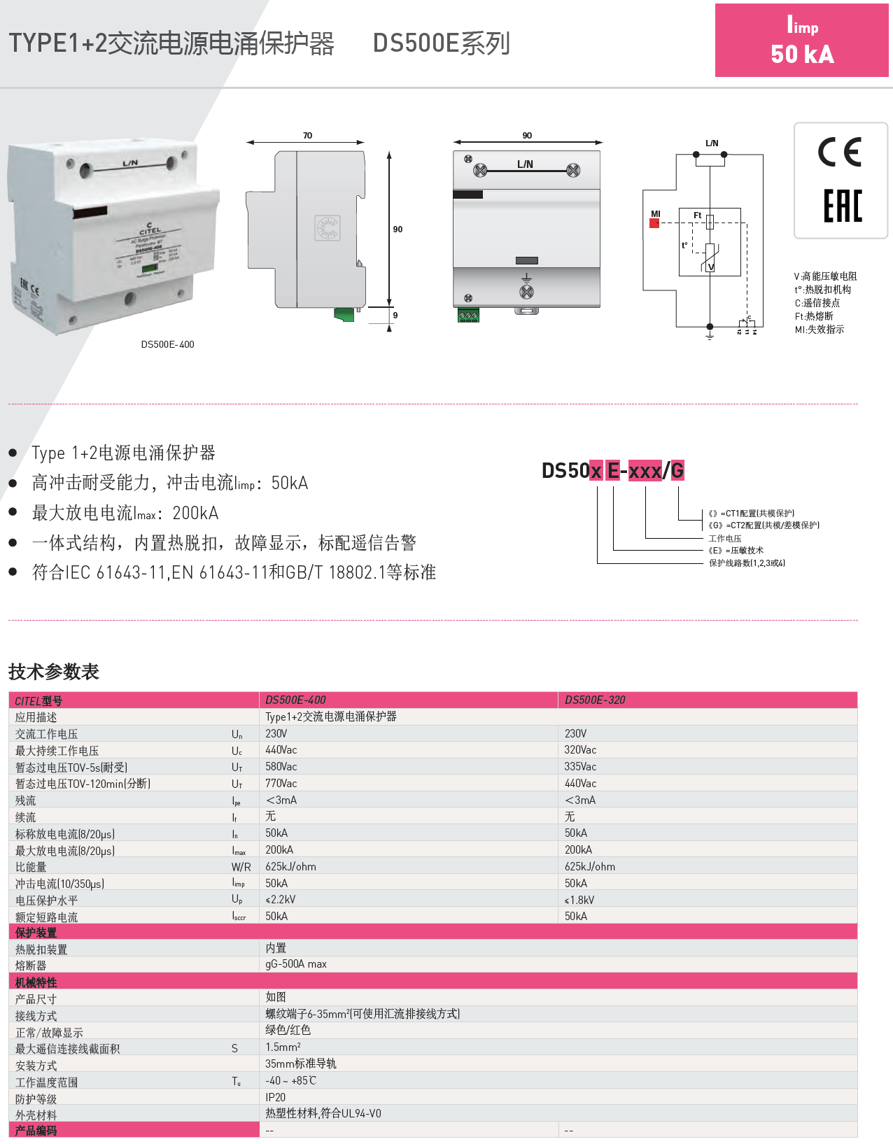 DS504E-400/G CITEL西岱爾電涌保護器：高能防護，