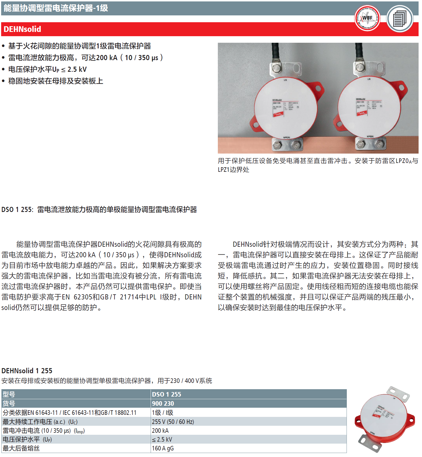 DSO 1 255 DEHN單極能量協(xié)調(diào)型雷電流保護(hù)器：高效