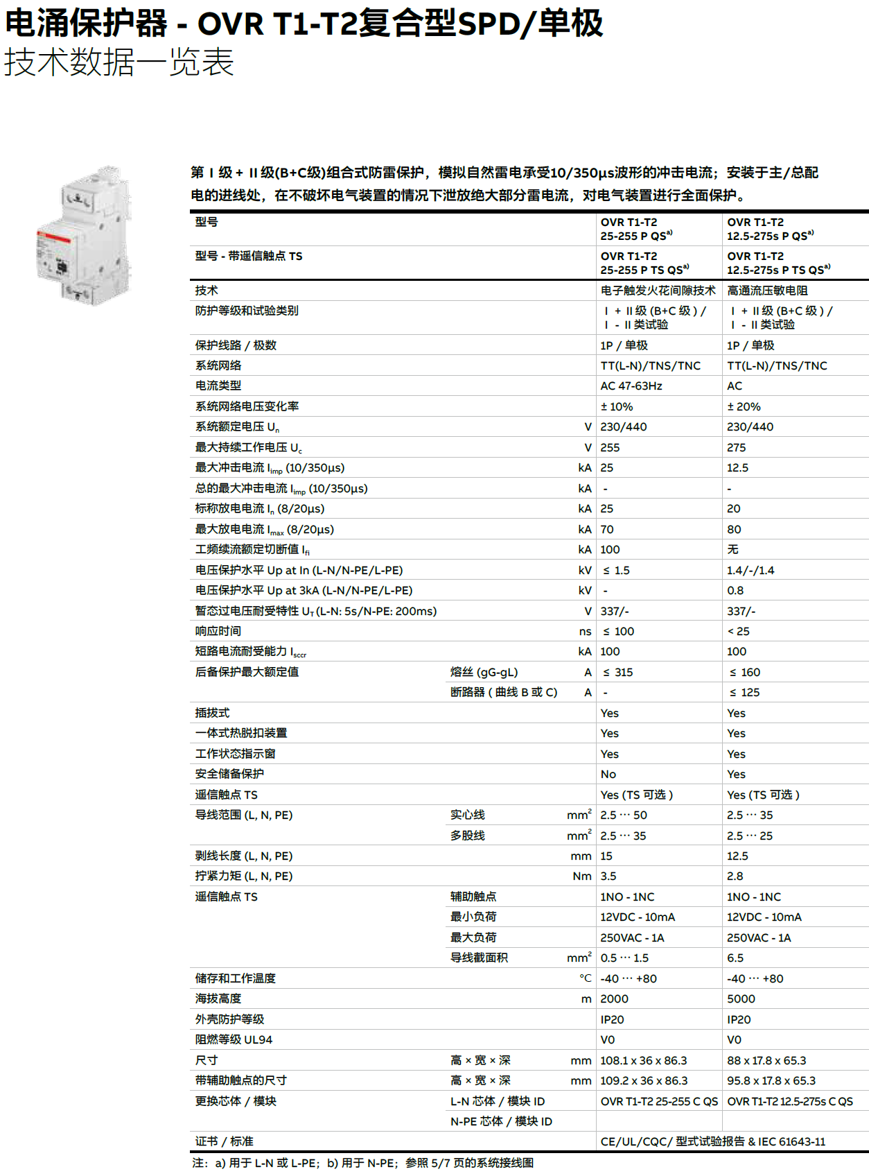 OVR T1-T2 12.5-440S P TS QS ABB電涌保護器：全